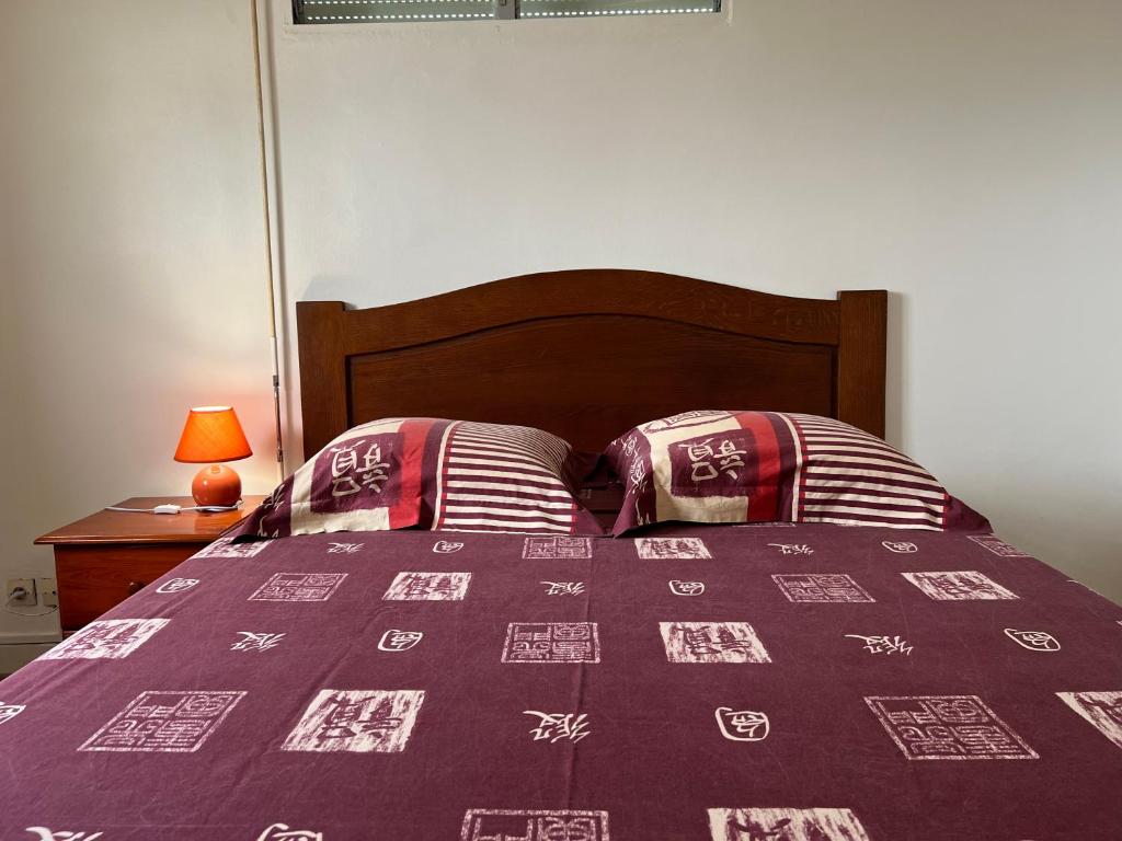 a bed with a purple comforter and two pillows at Appartement T2 calme, paisible et climatisé à Trois-Rivières in Trois-Rivières