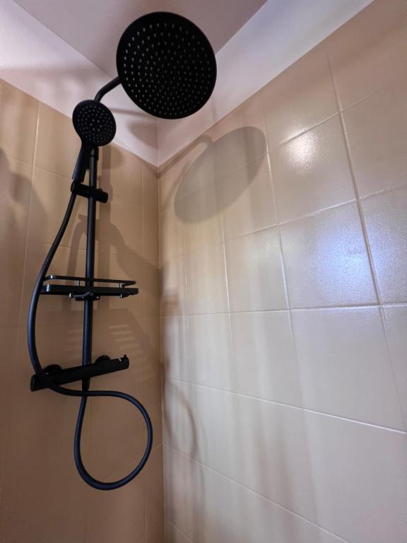 een douche met een douchekop in de badkamer bij Studio cosy proche du lac d'Enghien in Soisy-sous-Montmorency