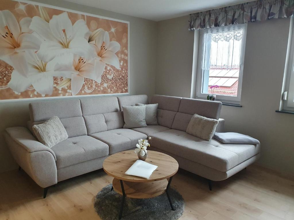 sala de estar con sofá y mesa en Ferienwohnung-Thale-Ritter, en Thale