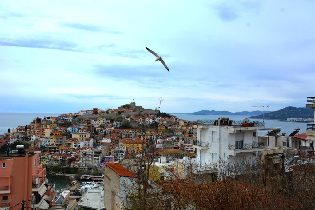a bird flying over a city with buildings at Bella Vista in Kavála