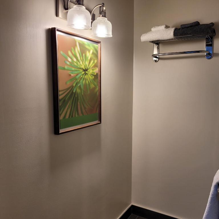 a picture of a flower on a wall in a bathroom at Oberge Inn Val-David in Val-David