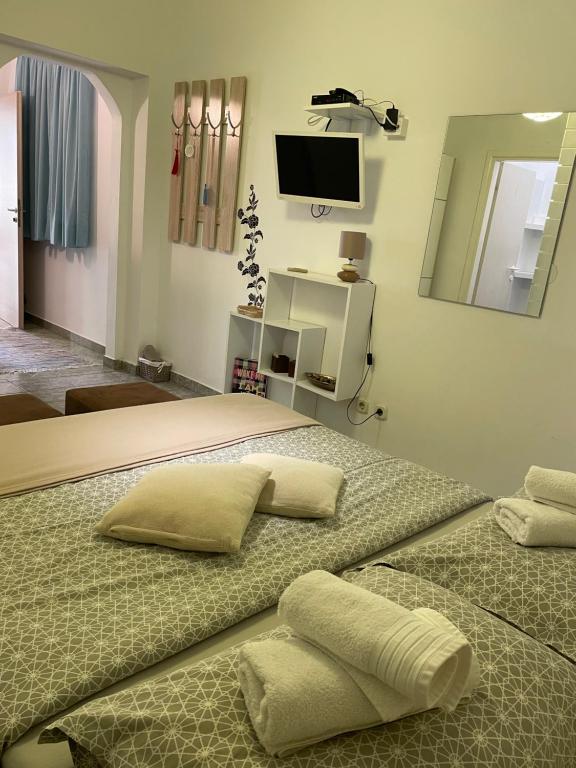 two beds with pillows in a room with a mirror at Apartments Šterna in Grožnjan