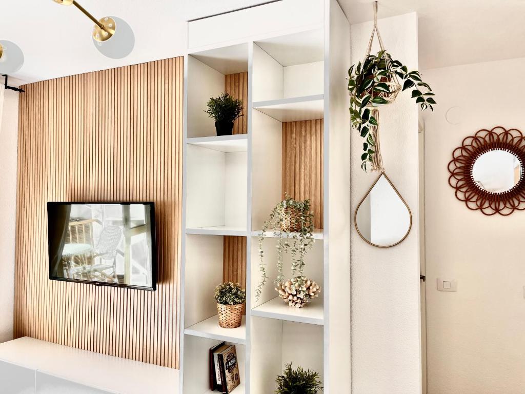 a room with white shelves with plants and a mirror at Bonito apartamento en la playa in Benicàssim