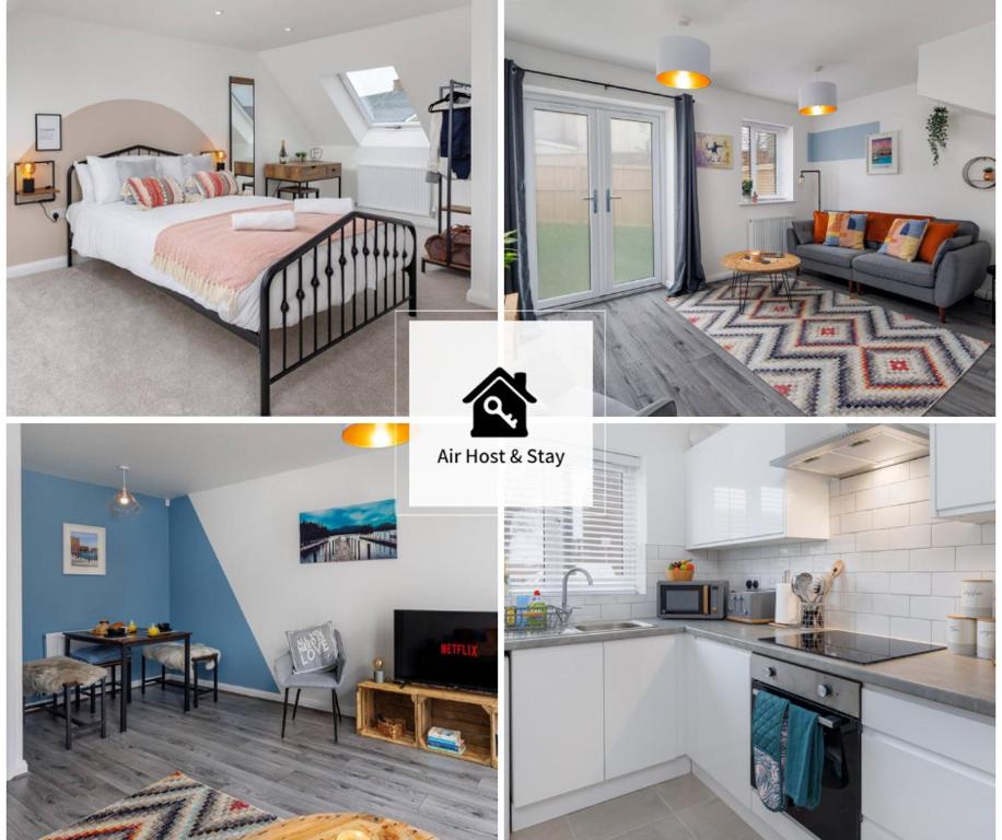 an apartment and a bedroom with a bed and a kitchen at Air Host and Stay - Beautiful brand new 3 bedroom house sleeps 7 minutes from LFC - 10 in Liverpool