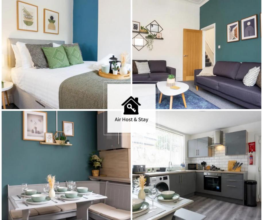 un collage de fotos de un dormitorio y una sala de estar en Air Host and Stay - Conningsby House - Beautiful 6 bedroom sleeps 14 minutes to LFC, en Liverpool