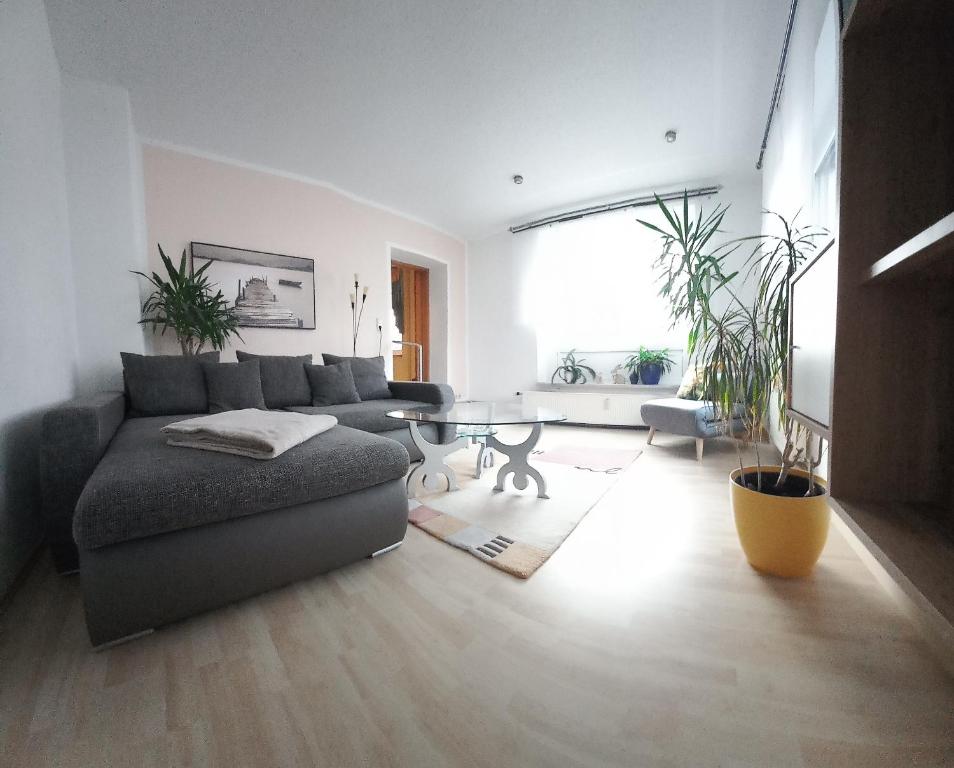 uma sala de estar com um sofá e uma mesa de vidro em Ferienwohnung Döhlerwald em Klingenthal