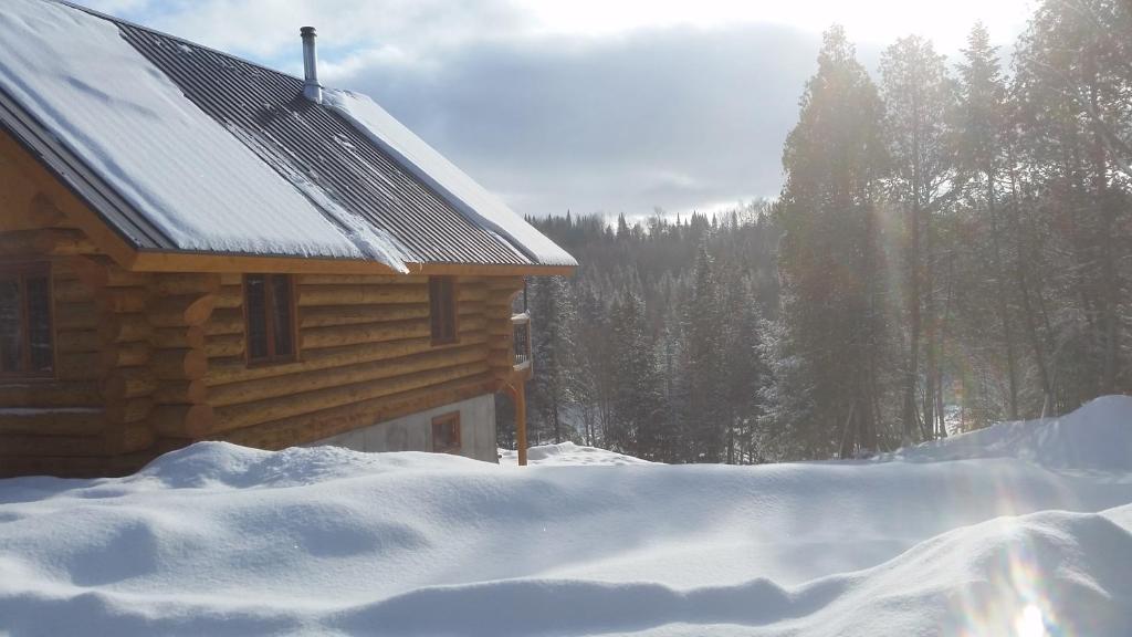 eine schneebedeckte Hütte mit einem Schneehaufen daneben in der Unterkunft Chalet bois rond aux paysages uniques avec Spa ! in Lac-aux-Sables