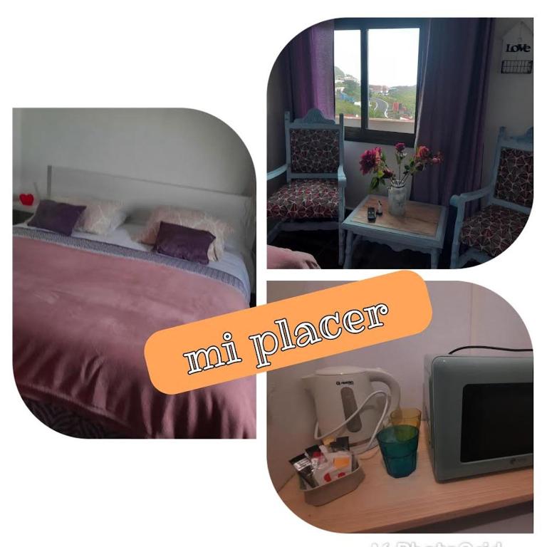a collage of three pictures of a bedroom and a tv at Mi Placer in Valverde