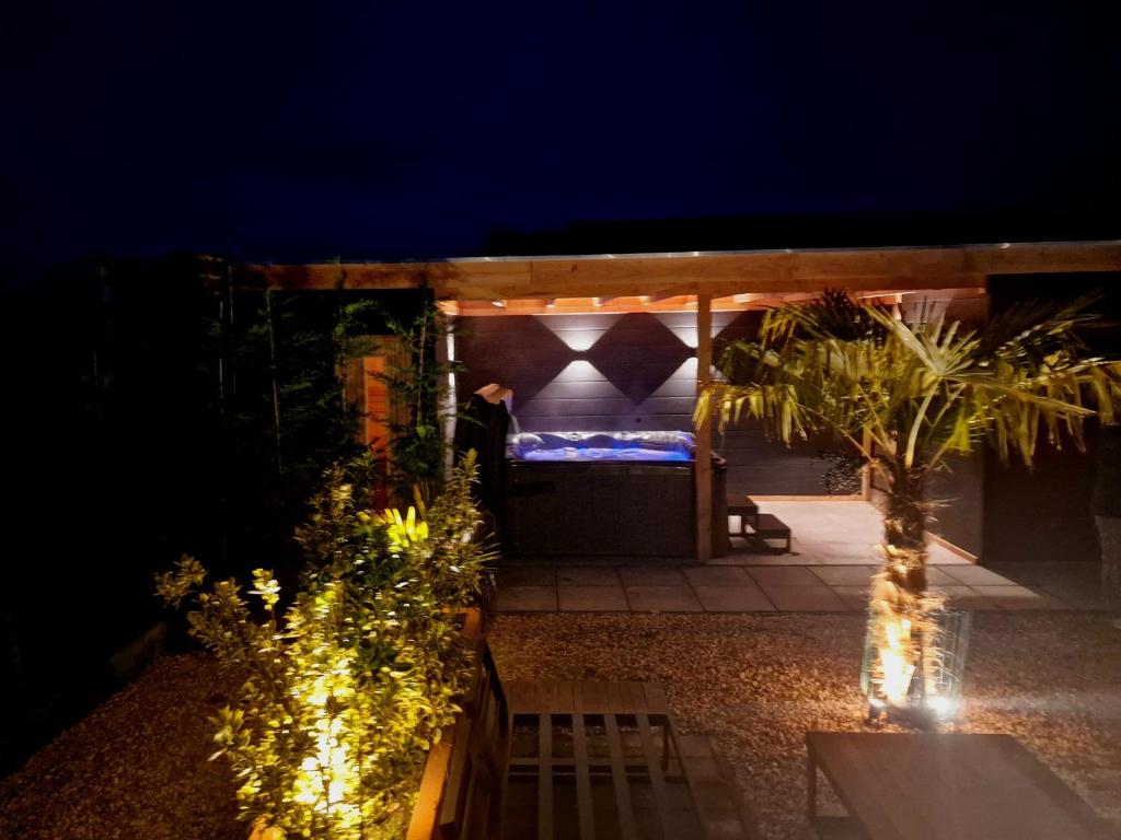 un cortile posteriore notturno con un letto e luci di De droom van Zeeland met jacuzzi & Finse sauna a Sint Annaland