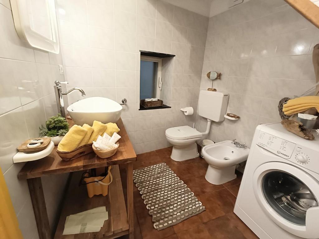 ein Badezimmer mit einer Waschmaschine und einem WC in der Unterkunft Il Balconcino sul carugio in Monterosso al Mare