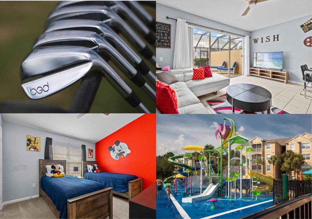 a collage of pictures of a house with a water park at The Wish House, just miles from Disney World in Orlando