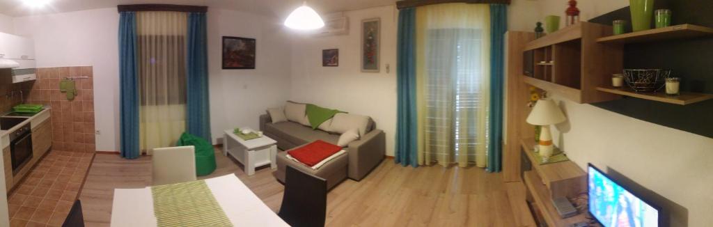 pequeña sala de estar con sofá y cocina en Apartments Maikidan, en Pomer