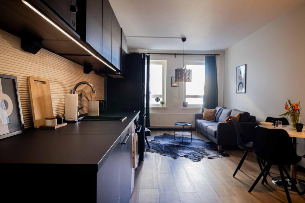 a kitchen and a living room with a couch at Studio King'sRoad in Kuopio