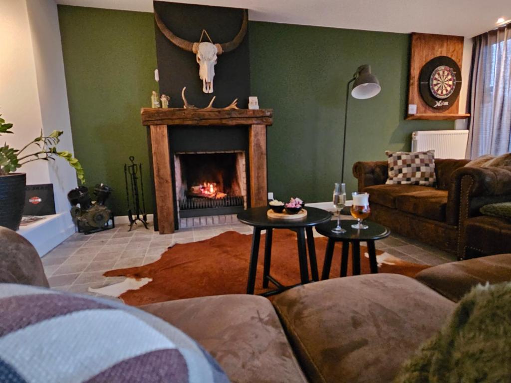 ein Wohnzimmer mit einem Kamin und einem Sofa in der Unterkunft B&B Barvaux, Durbuy in Durbuy
