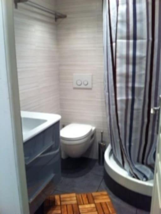 a bathroom with a toilet and a sink and a shower at Studio Juan les Pins 06 - centre ville - plage à 150m in Antibes