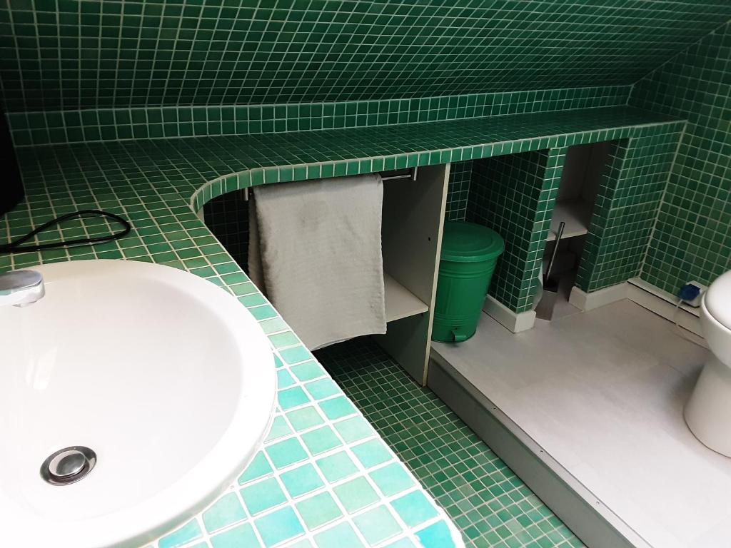 a green tiled bathroom with a sink and a toilet at Le Clos du Buisson in Saint-Julien-de-la-Liègue