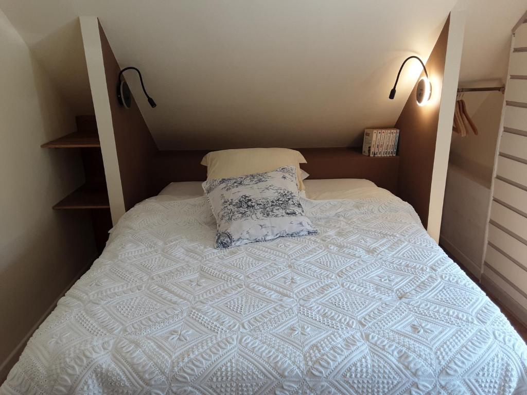 a bed with a pillow in a small room at Le Clos du Buisson in Saint-Julien-de-la-Liègue