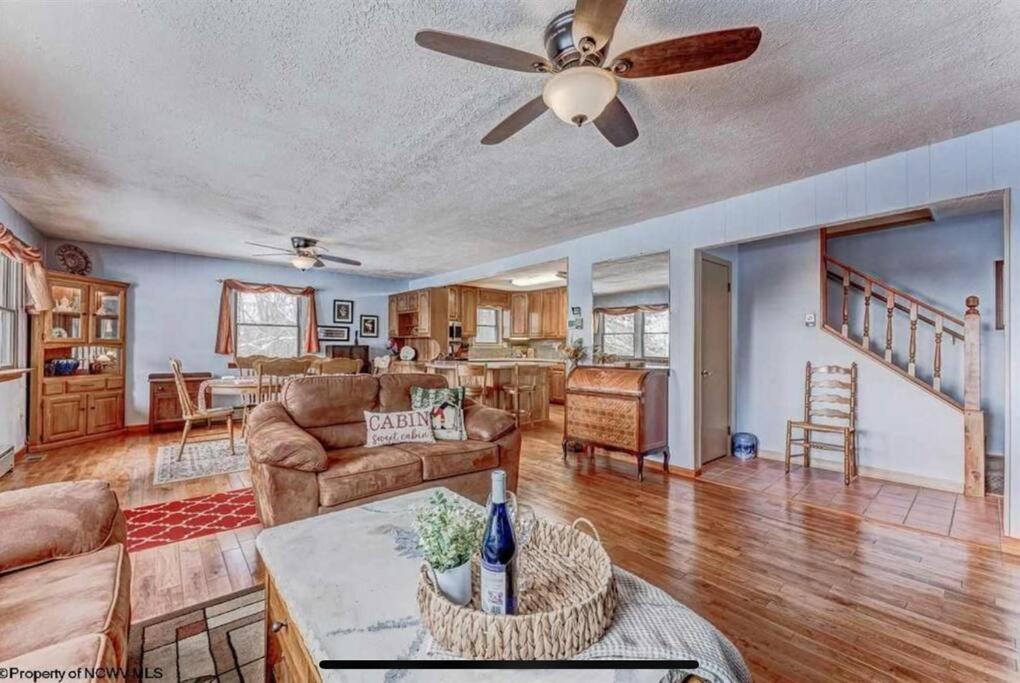 - un salon avec un canapé et un ventilateur de plafond dans l'établissement 3 Bedroom Cabin at Alpine Lake, near Deep Creek-WISP Resort, à Terra Alta