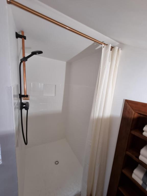 a shower with a curtain in a bathroom at La Ferme de Philomène - Gîte en Périgord Noir in Sainte-Foy-de-Belvès