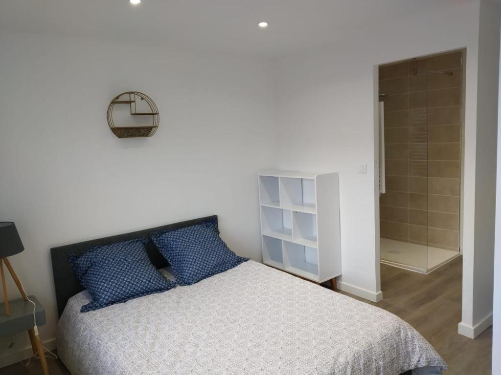 塔布Appartements - Halles Brauhauban Tarbes的一间卧室配有一张带蓝色枕头的床和一个衣柜