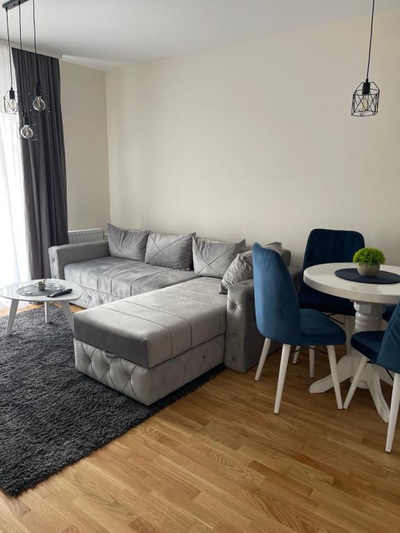 ein Wohnzimmer mit einem Sofa und einem Tisch in der Unterkunft Cvetanov trg LUX 1 in Belgrad
