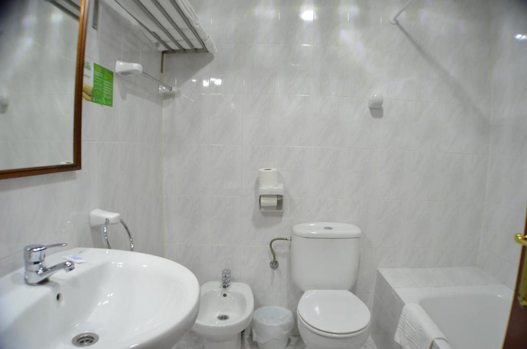 a white toilet sitting next to a sink in a bathroom at Hotel Salldemar in Santillana del Mar