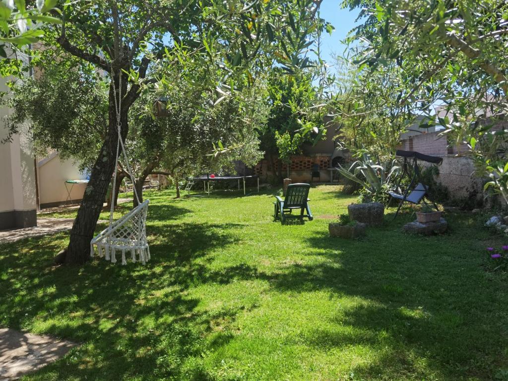 a yard with a tree and a chair at Zelena oaza 300 metara od mora in Banjole
