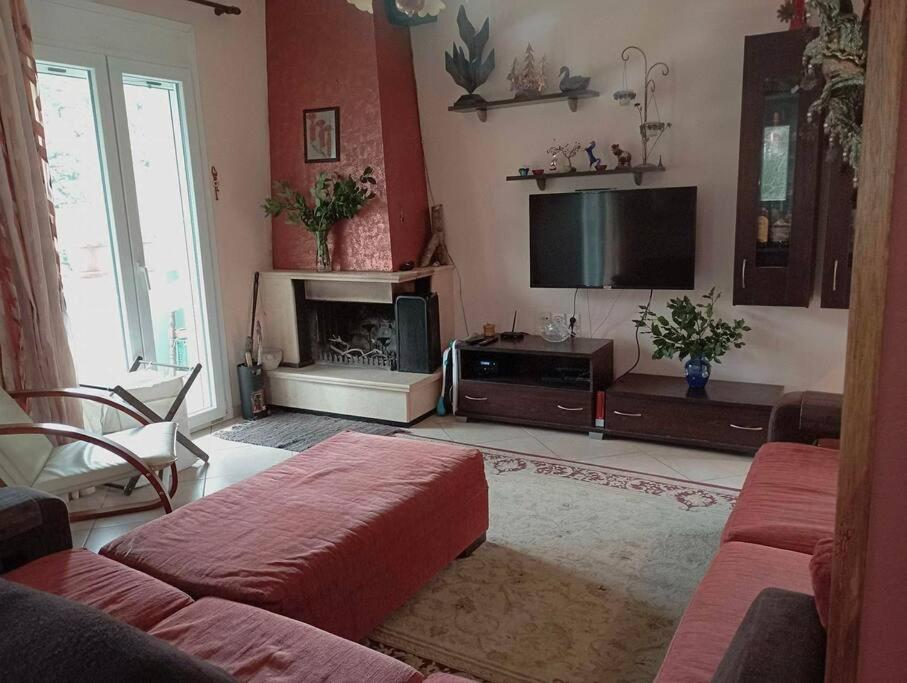 a living room with a couch and a tv at Lil' fam farm home - Beach 10min in Agios Ioannis
