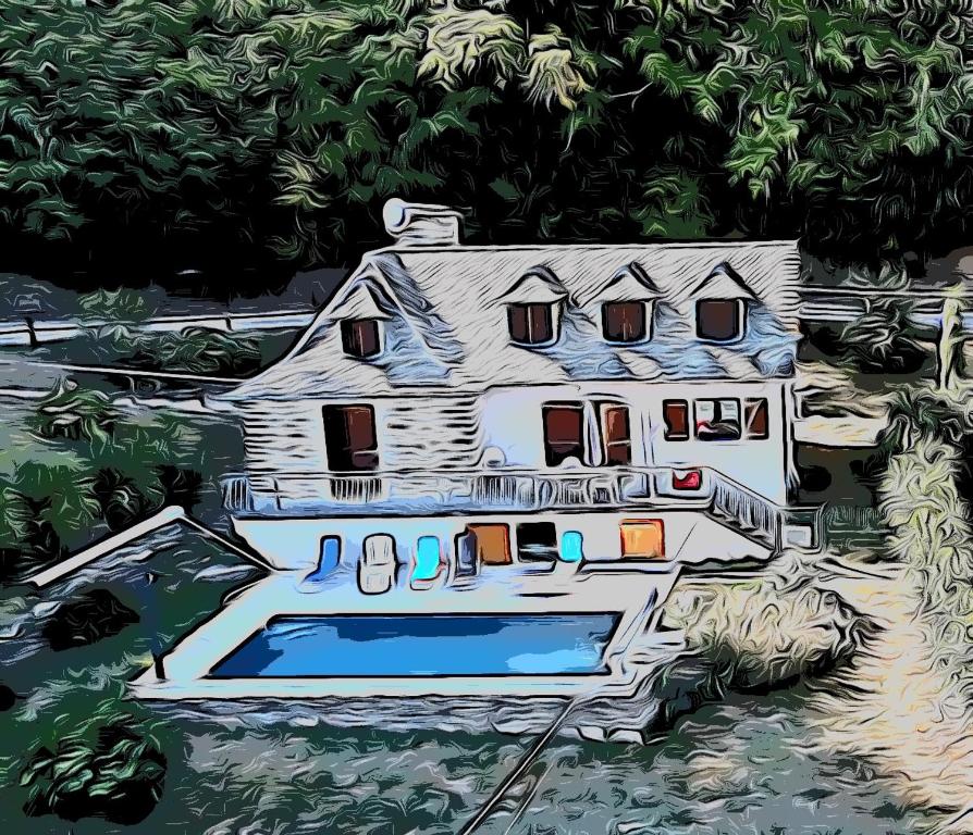 a painting of a house with a swimming pool at Sécadou Castanial in Cassaniouze