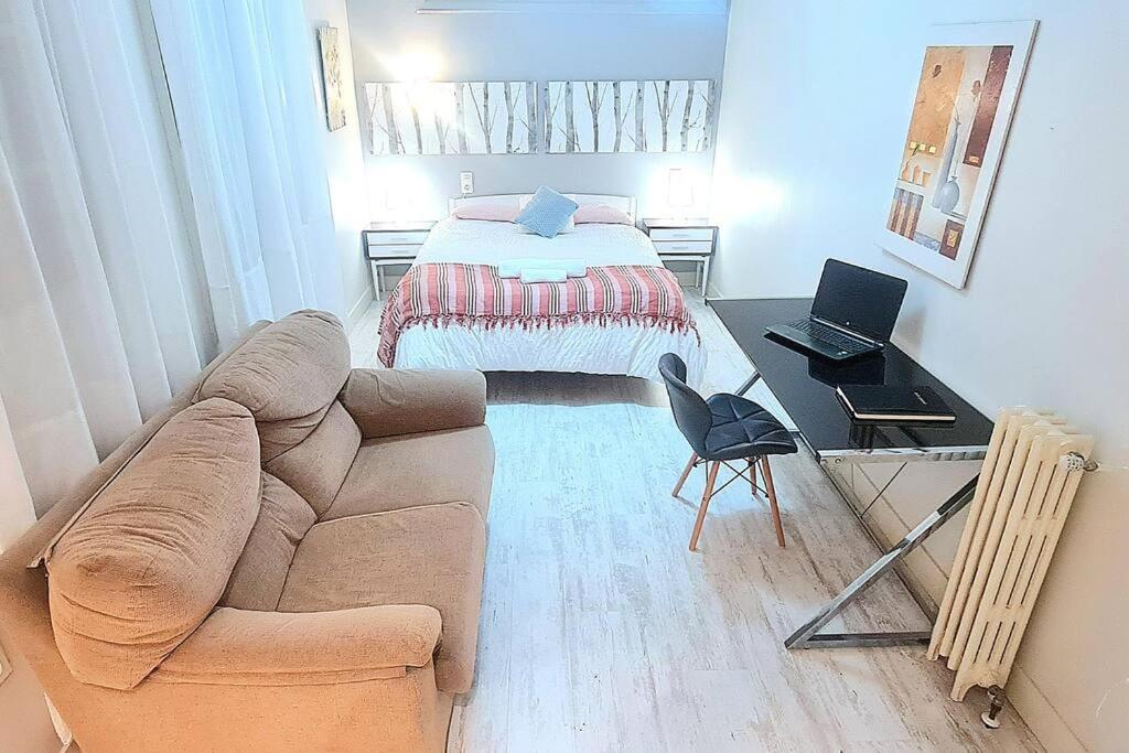 een woonkamer met een bank en een bed bij Habitación amplia con baño privado a pasos de la playa en piso familiar in San Sebastian