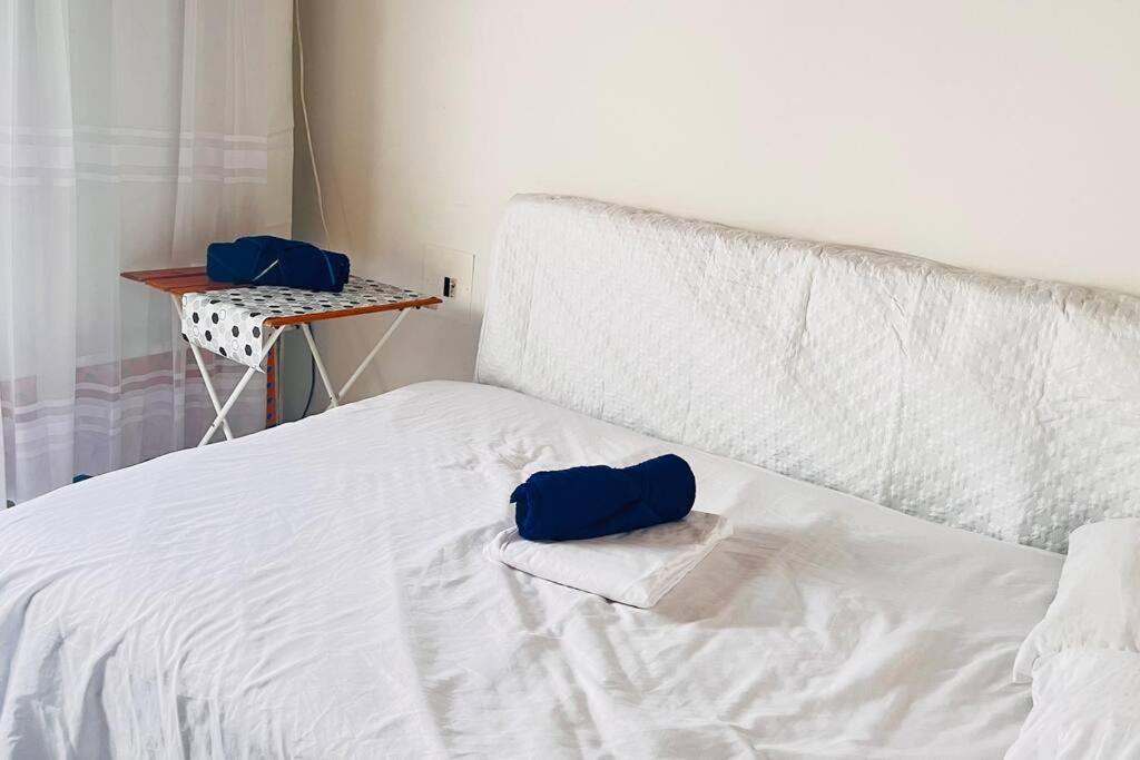 a white bed with two blue pillows on it at Grandiosa Casa-Jacuzzi Privado in Flandes