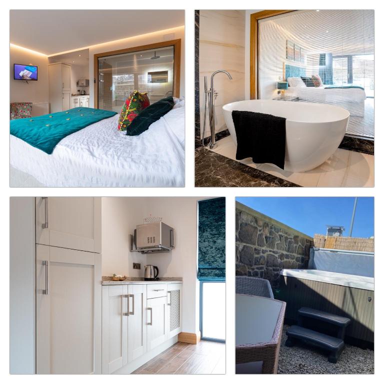 a collage of four pictures of a bathroom and a bedroom at Antrim House Guest Rooms & Suites in Portrush