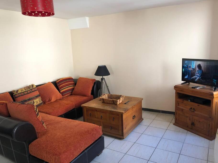 uma sala de estar com um sofá e uma televisão em Joli T3 en Centre Village de Tallard em Tallard
