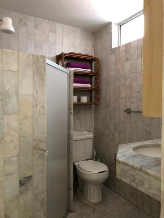 a bathroom with a toilet and a sink at Sobre Costera, 1min La Quebrada, 3m playas/yates in Acapulco