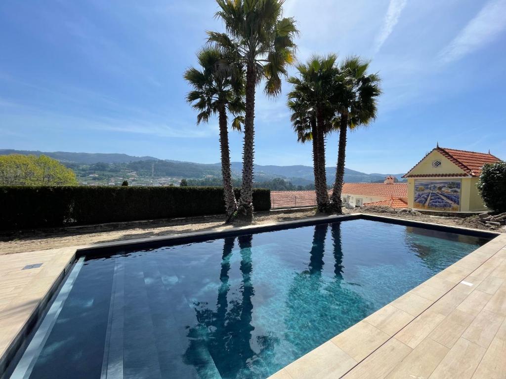 una piscina con palmeras frente a una casa en Maison chaleureuse avec piscine et spa, en Vale de Cambra