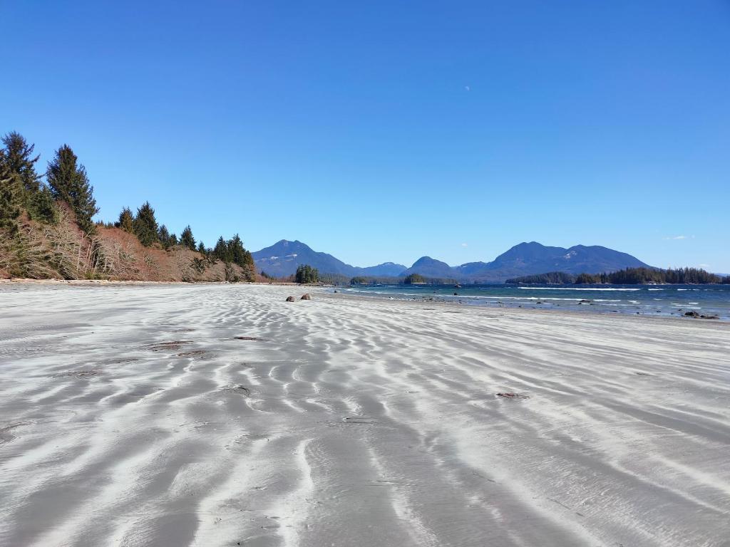 a sandy beach with mountains in the background at Westcoast Paradise in Ucluelet