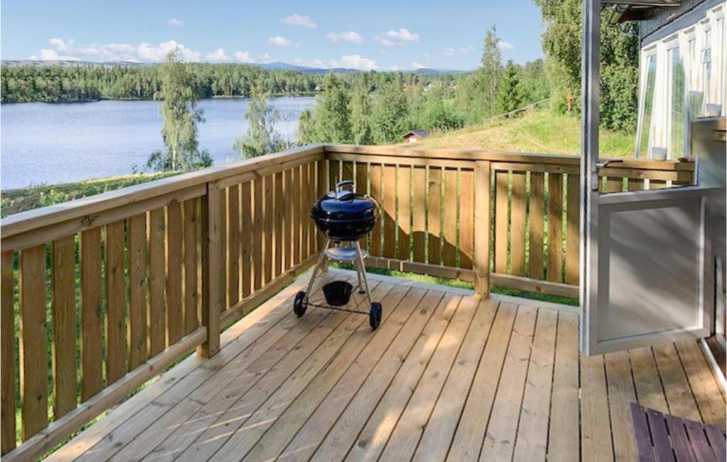 a grill on a deck with a view of a lake at Stunning Home In Rtviken With Kitchen 