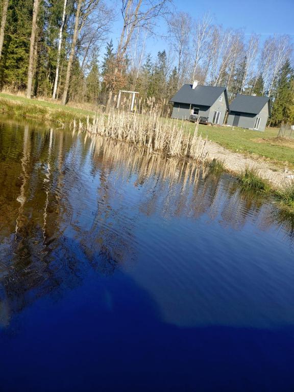 zbiornik wody z domem w tle w obiekcie Leśny Reset w mieście Mrągowo
