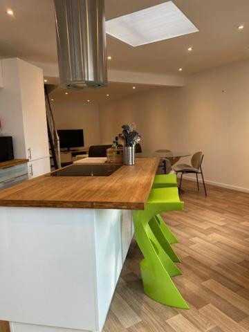een keuken met een groen eiland in een kamer bij Le Duplex du Cours de Verdun in Arras