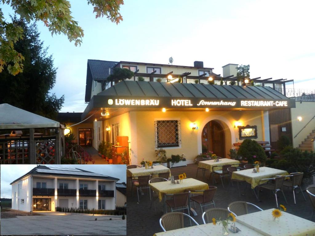 a restaurant with tables and chairs in front of a building at Hotel Gasthof Sonnenhang in Denkendorf