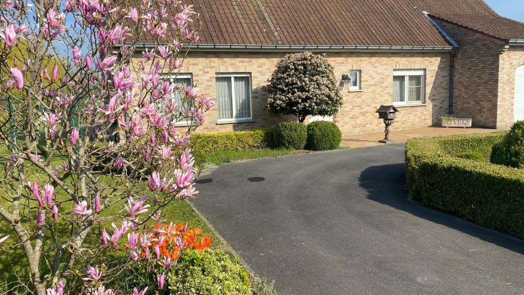 a house with a driveway with flowers in front of it at Villa Lucienne in Comines
