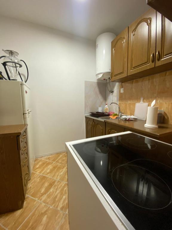 a kitchen with a black sink and a refrigerator at Checkmate in Tešanj