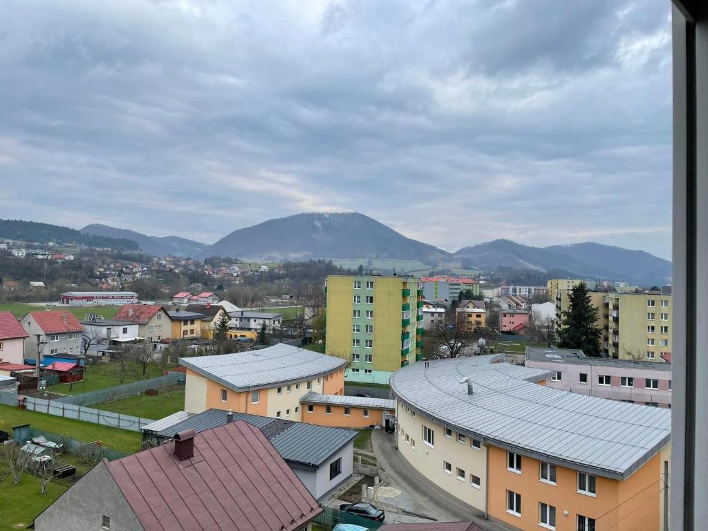 a city with buildings and a mountain in the background at Apartman Gufo in Kysucké Nové Mesto