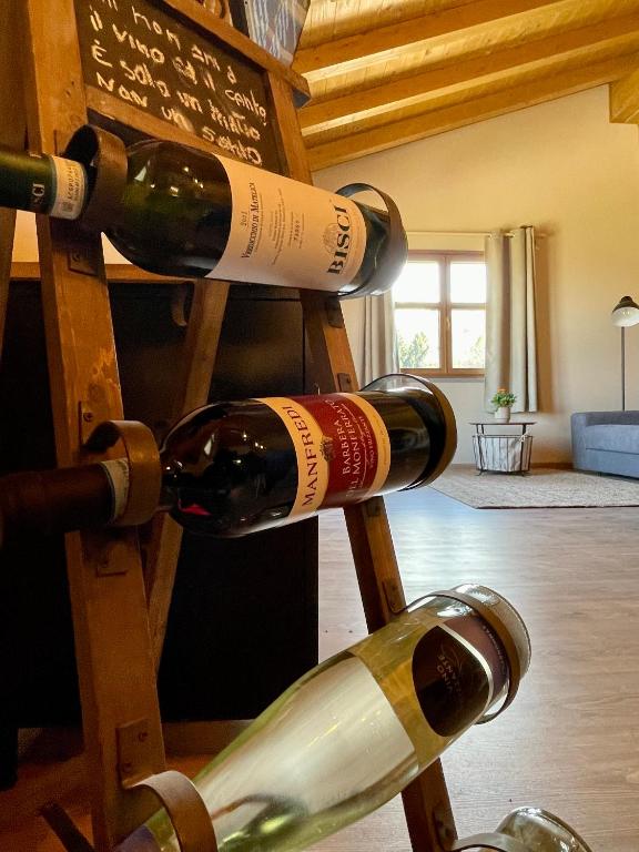 three bottles of wine on a wooden ladder at Ranch Enbrucà in Boves
