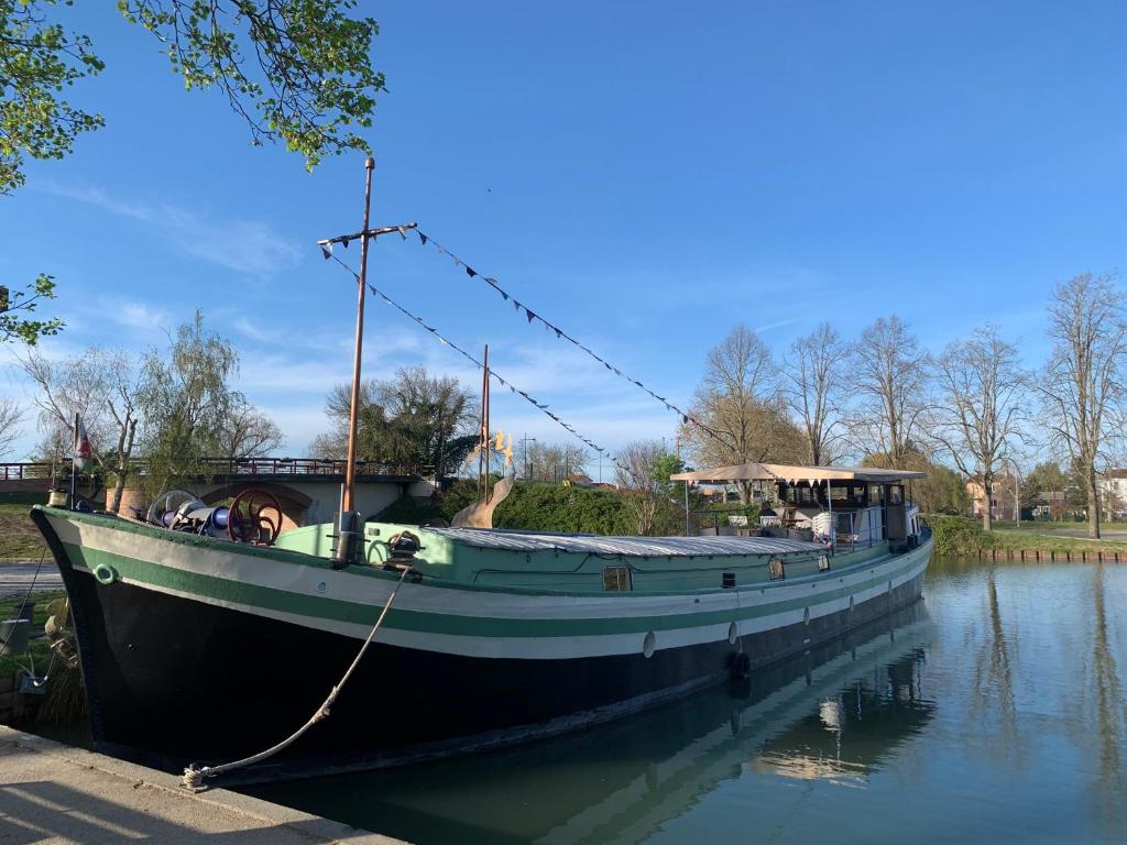 ein großes Boot ist im Wasser angedockt in der Unterkunft Péniche GEMJO in Castelsarrasin