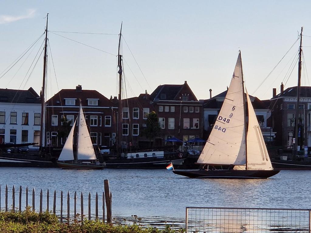 deux voiliers dans l'eau dans un port avec des bâtiments dans l'établissement 't Hanzehuys, à Kampen