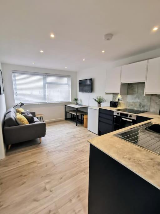 a large kitchen and living room with a couch at Eastern Green Apartment, Penzance - Beach access and Parking in Penzance