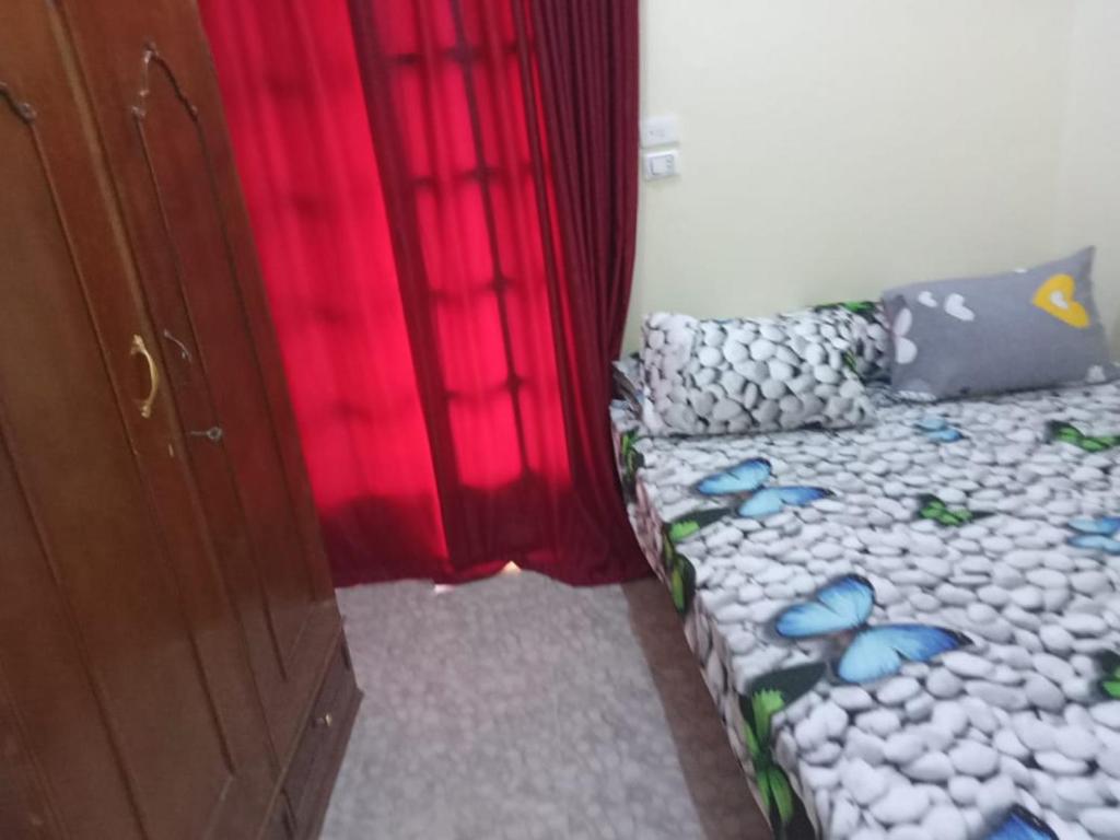 Un dormitorio con una cama con zapatos azules. en Ikea flat 5, en Hurghada