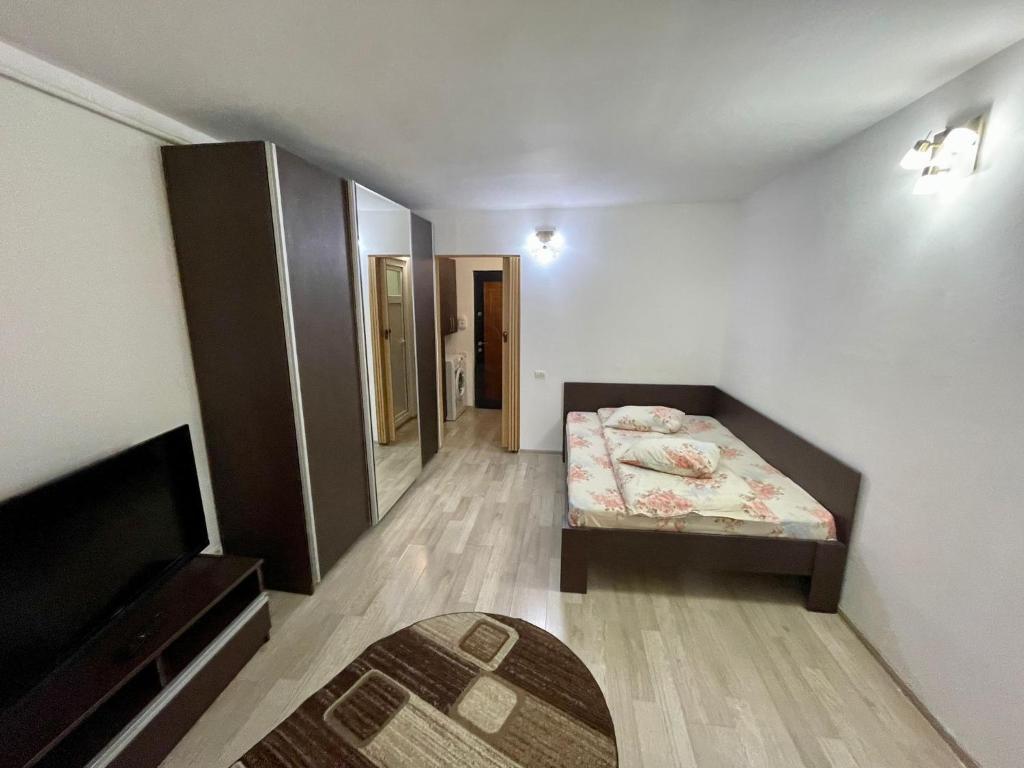 Kleines Zimmer mit einem Bett und einem TV in der Unterkunft Garsoniera moderna parcare internet in Piteşti