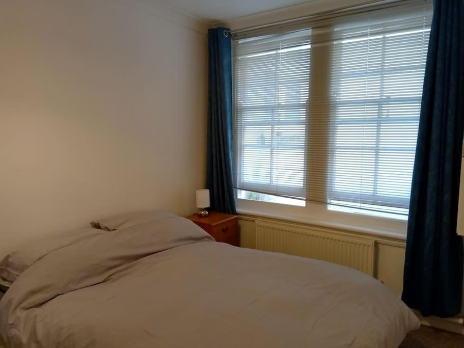 a bedroom with a bed and a window with blue curtains at Lovely 1-bedroom flat within minutes from the beach! in Bexhill